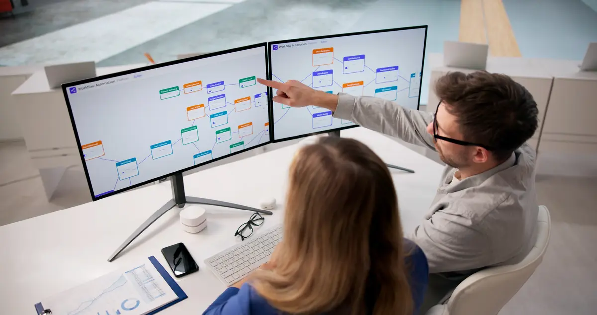 How to build an AI content pipeline Two colleagues reviewing a workflow automation diagram with colored process nodes on dual monitors